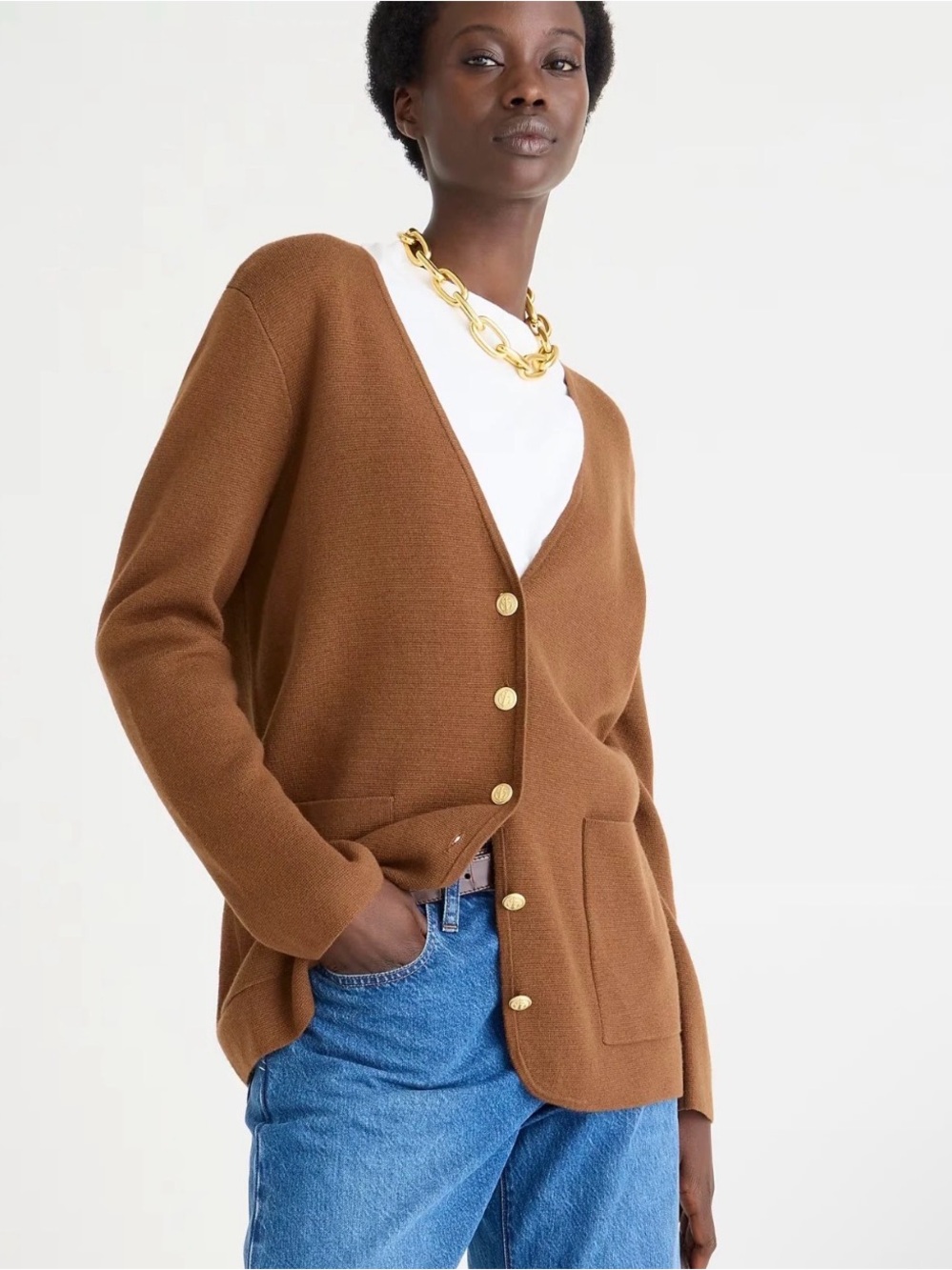 J. Crew Chestnut Brown V-Neck Button Cardigan with Gold Buttons